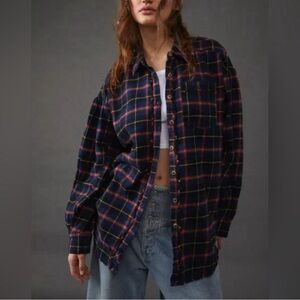 Free People Happy Hour Plaid Button Down Navy Combo Cotton Oversized Size L